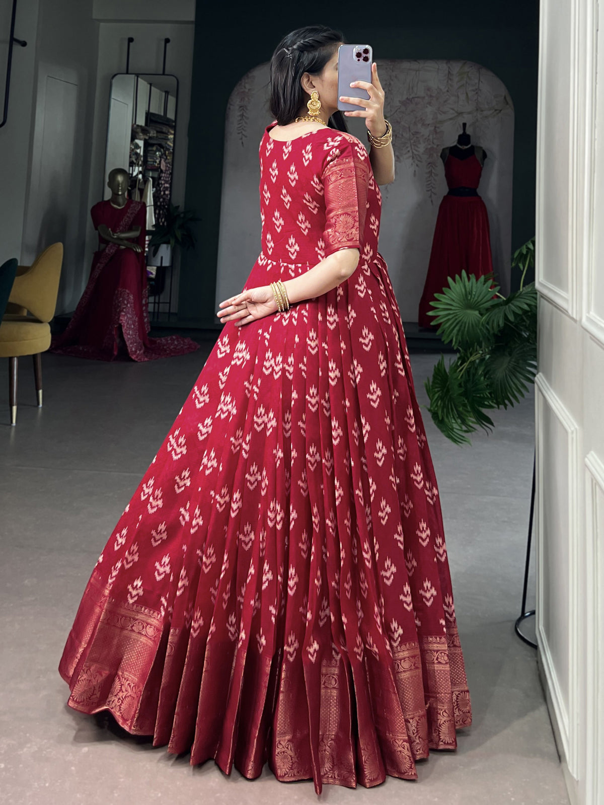 Precious Red Zari Weaving Cotton Wedding Wear Gown
