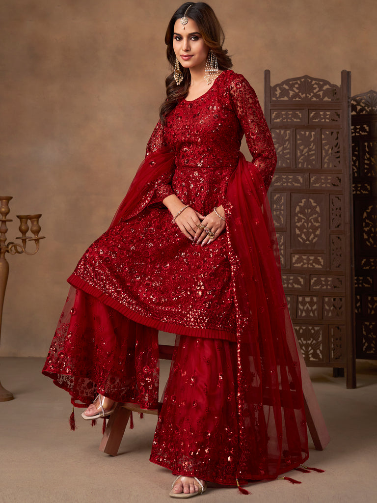 Outstanding Red Embroidered Net Function Wear Sharara Suit