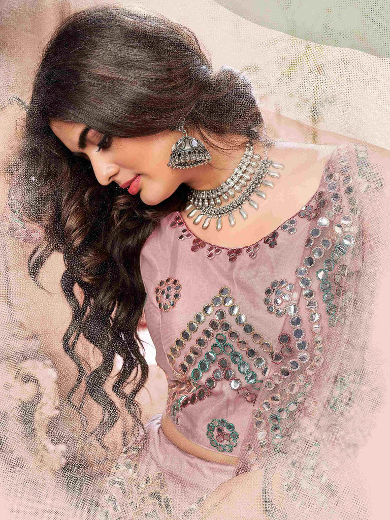 Gleaming Dusty Pink Net Paper Mirror Work Wedding Lehenga Choli