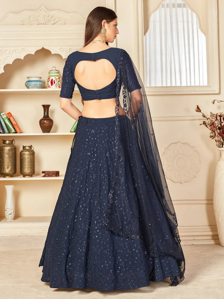 Navy Blue Thread Embroidered Georgette Party Wear Lehenga Choli