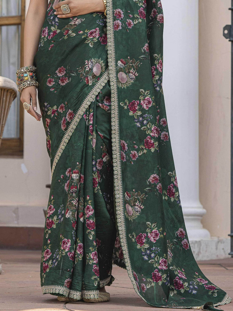 Stylish Dark Green Silk Floral Printed Saree With Blouse