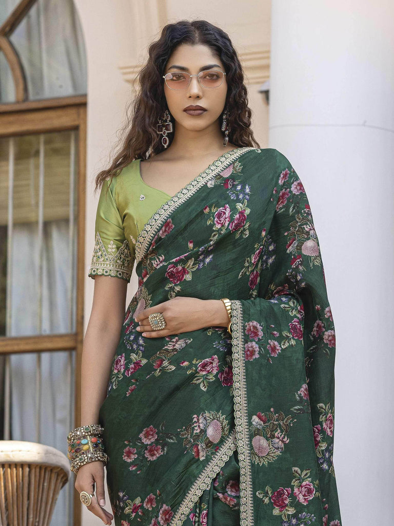 Stylish Dark Green Silk Floral Printed Saree With Blouse