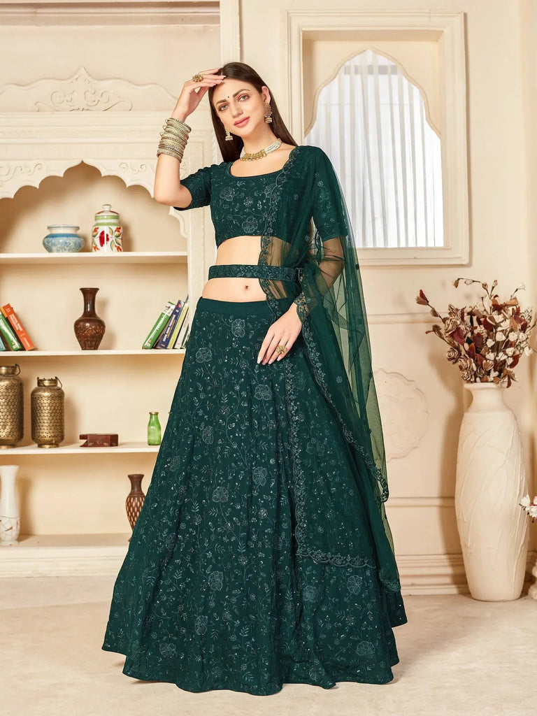 Green Thread Embroidered Georgette Party Wear Lehenga Choli