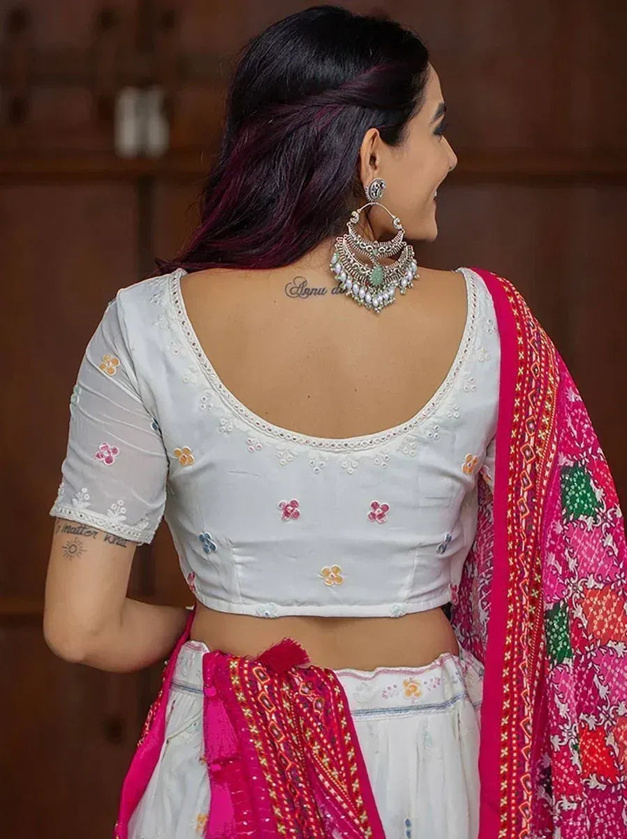 White embroidered blouse with pink dupatta, Indian ethnic wear for women