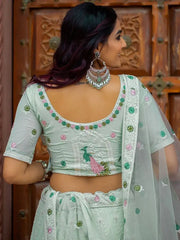 Marvelous Pista Green Embroidered Georgette Festive Wear Lehenga Choli