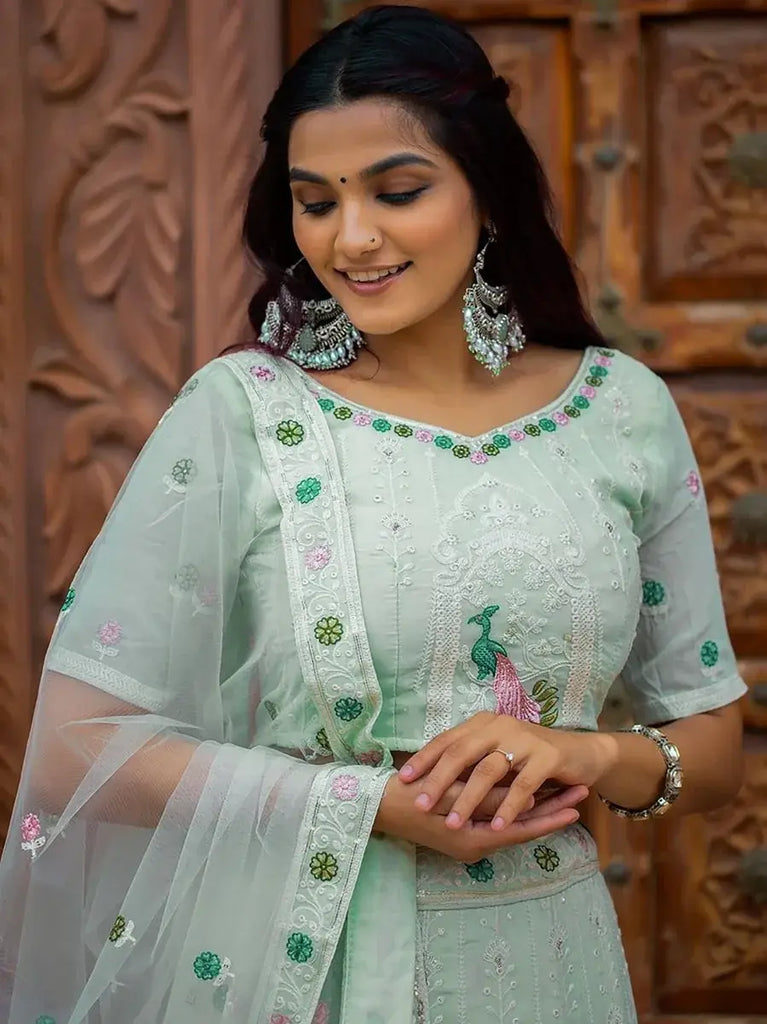 Marvelous Pista Green Embroidered Georgette Festive Wear Lehenga Choli
