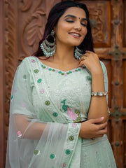 Marvelous Pista Green Embroidered Georgette Festive Wear Lehenga Choli