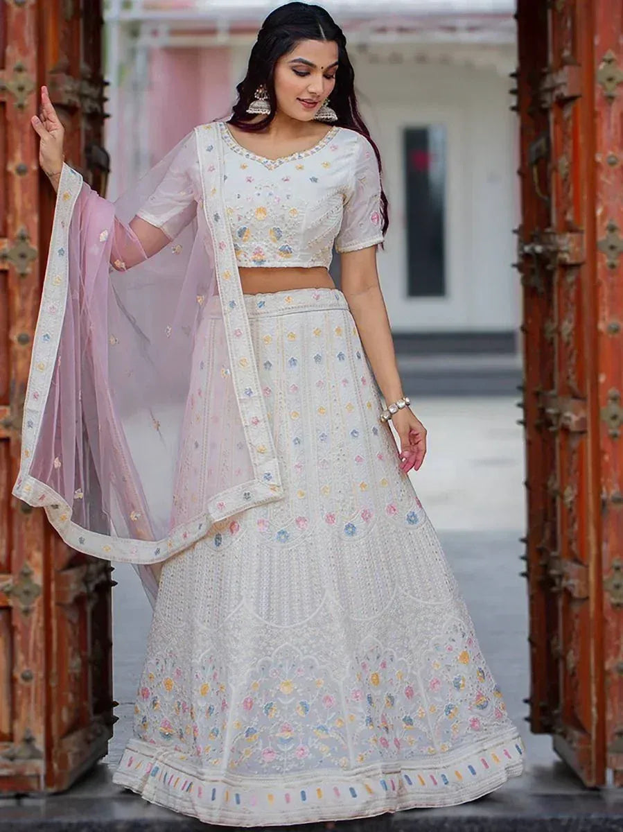 White floral embroidered lehenga choli with pastel dupatta, Indian ethnic wear for women
