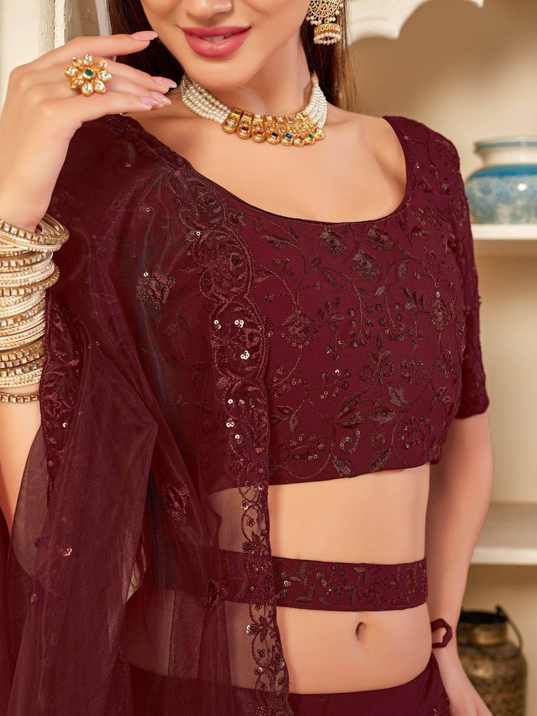 Maroon Thread Embroidered Georgette Party Wear Lehenga Choli