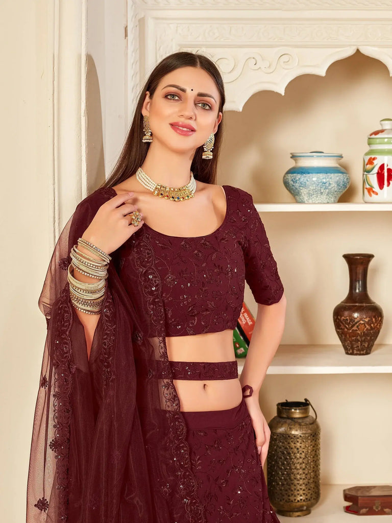 Maroon Thread Embroidered Georgette Party Wear Lehenga Choli