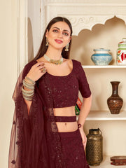 Maroon Thread Embroidered Georgette Party Wear Lehenga Choli
