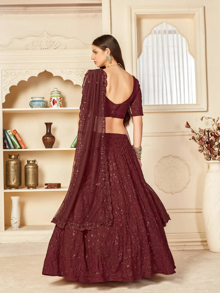 Maroon Thread Embroidered Georgette Party Wear Lehenga Choli
