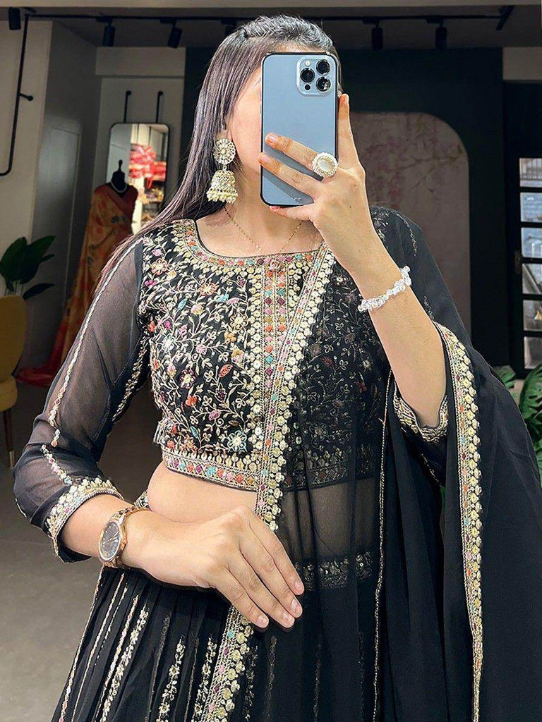 Magnetic Black Embroidered Georgette Reception Wear Lehenga Choli