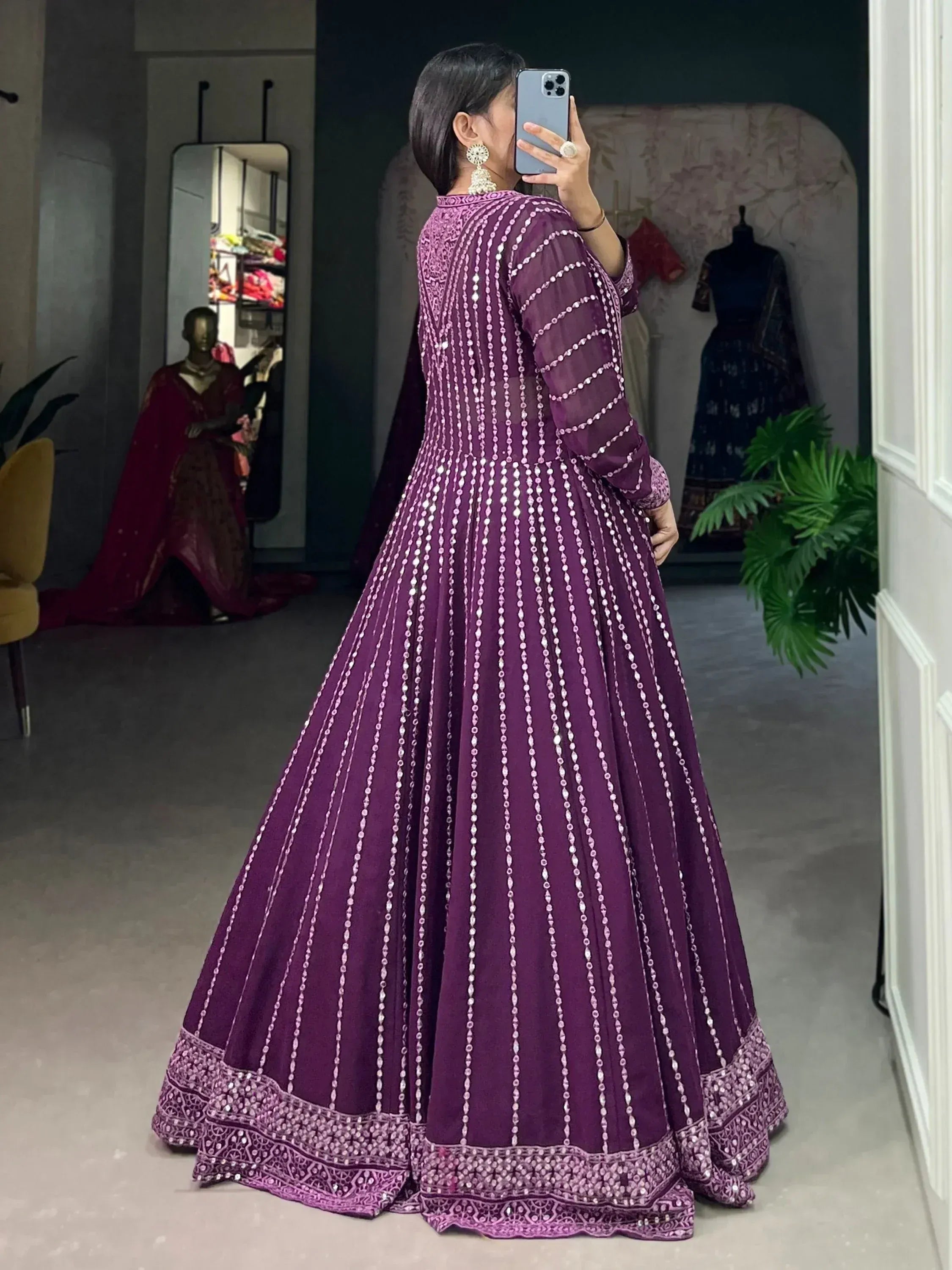 Purple embroidered anarkali gown with mirror work, perfect for Indian ethnic wear occasions
