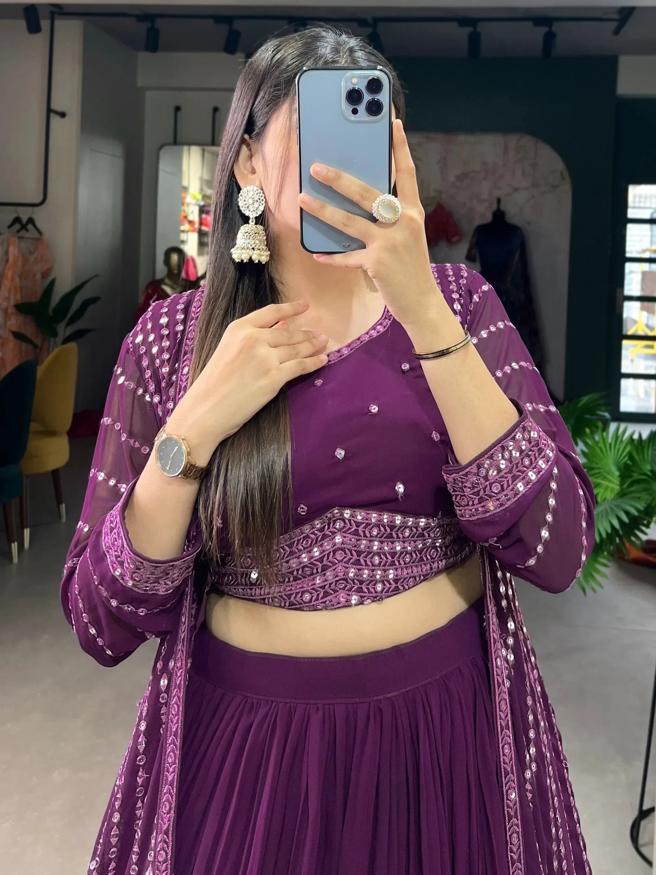 Purple embroidered lehenga choli with sheer dupatta, perfect for Indian ethnic wear occasions