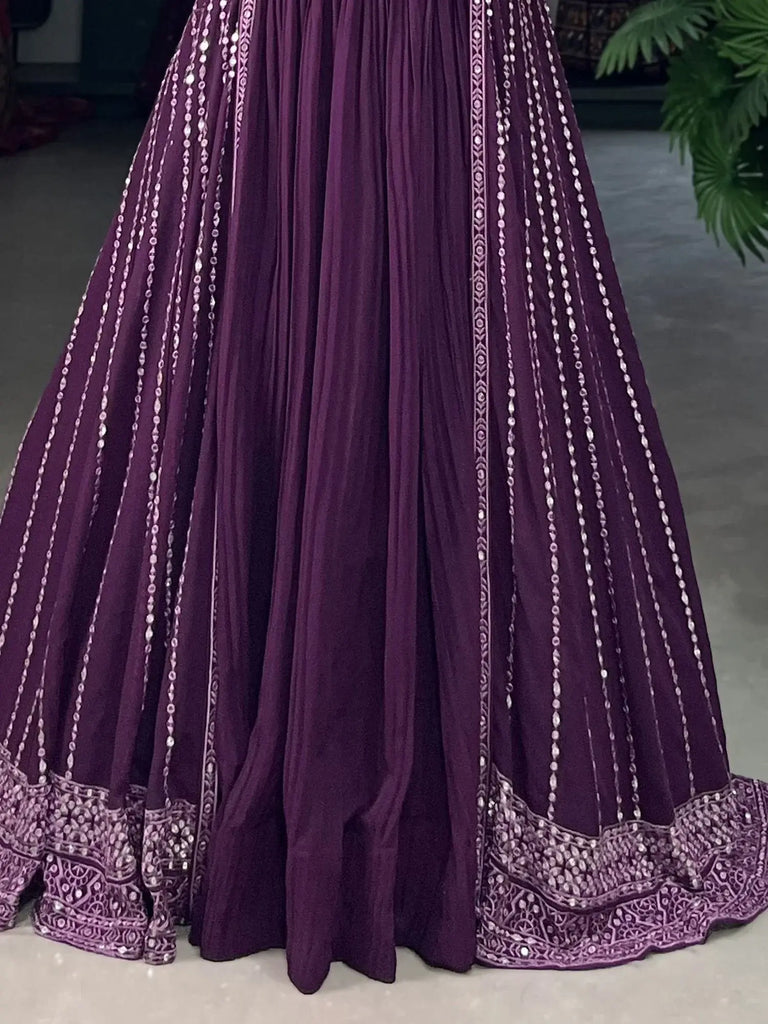 Stunning Purple Georgette Designer Crop Top Lehenga With Jacket