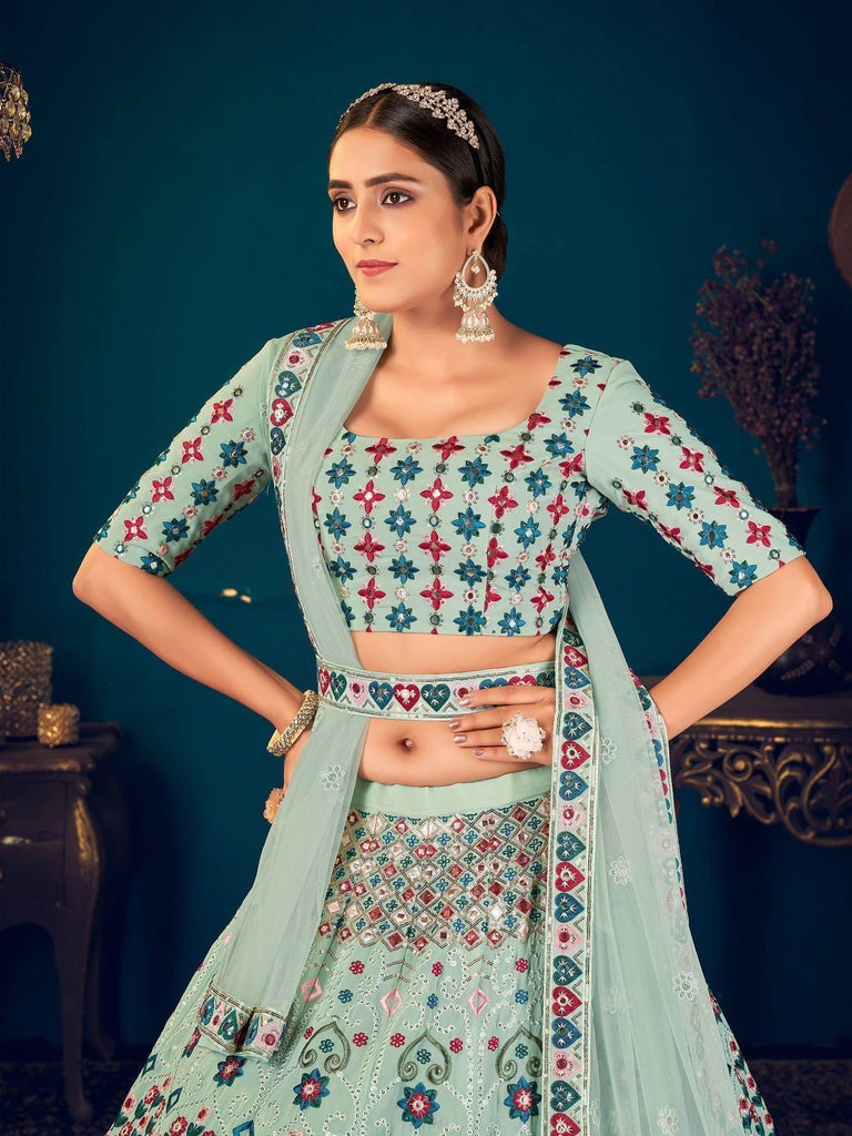 Pista Green Multi Thread Embroidered Georgette Wedding Wear Lehenga Choli