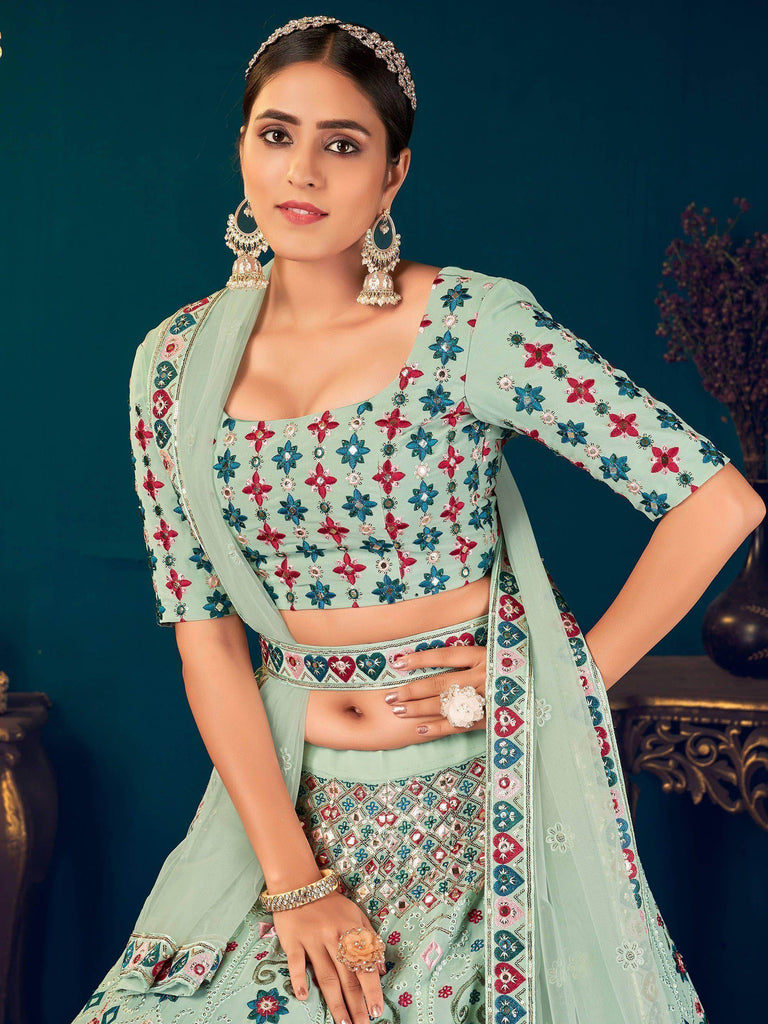 Pista Green Multi Thread Embroidered Georgette Wedding Wear Lehenga Choli