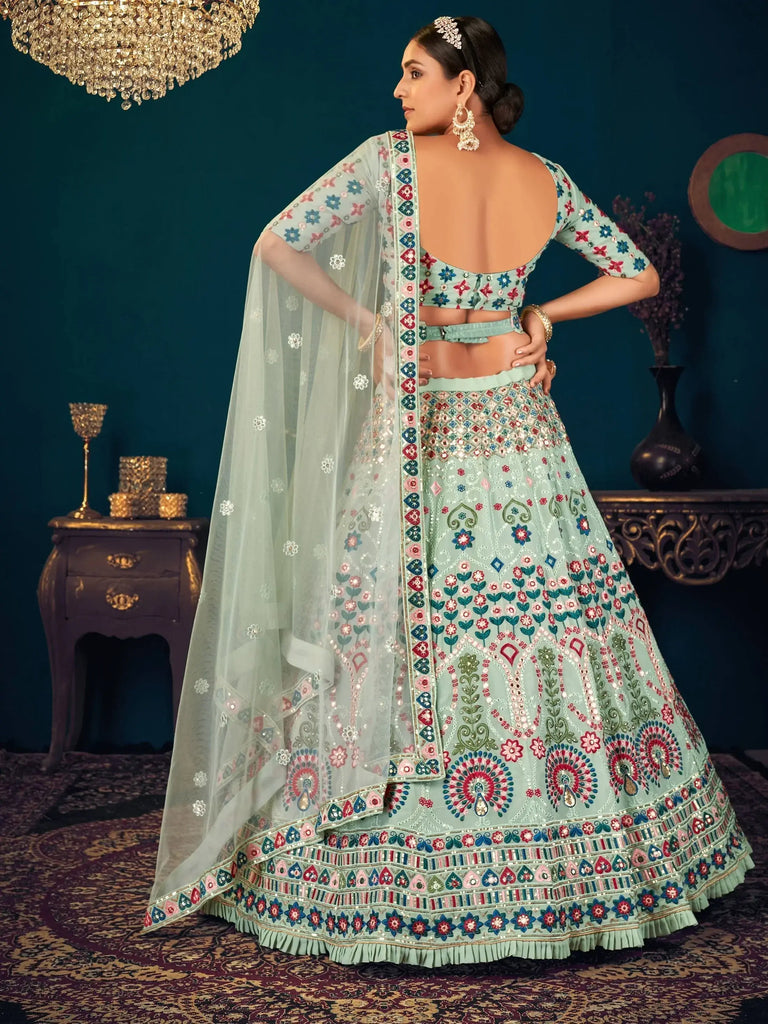 Pista Green Multi Thread Embroidered Georgette Wedding Wear Lehenga Choli