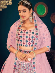 Pink Multi Thread Embroidered Georgette Wedding Wear Lehenga Choli
