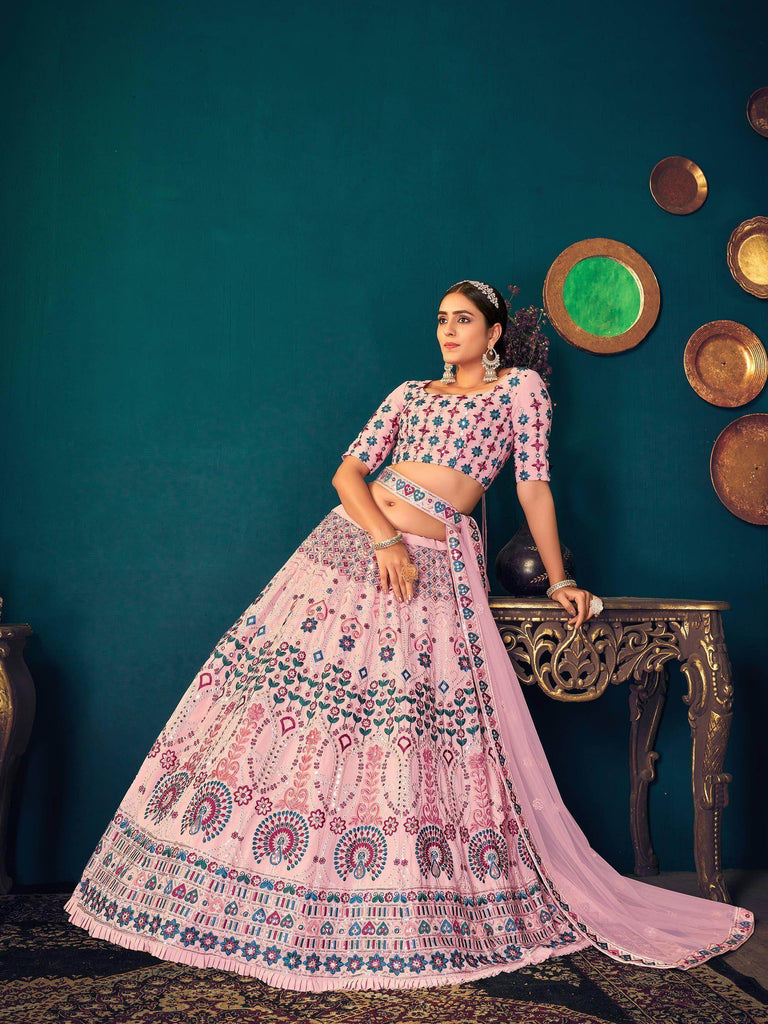 Pink Multi Thread Embroidered Georgette Wedding Wear Lehenga Choli