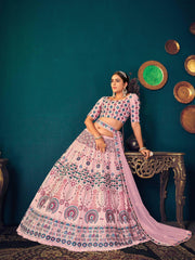 Pink Multi Thread Embroidered Georgette Wedding Wear Lehenga Choli