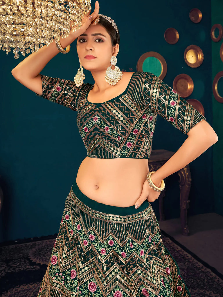 Dark Green Sequins Georgette Net Wedding Wear Lehenga Choli