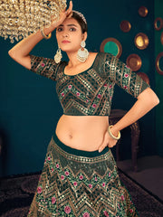 Dark Green Sequins Georgette Net Wedding Wear Lehenga Choli