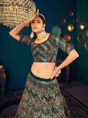 Dark Green Sequins Georgette Net Wedding Wear Lehenga Choli