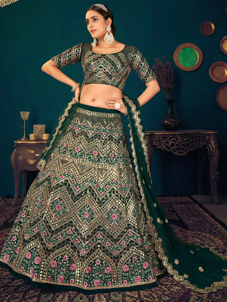 Dark Green Sequins Georgette Net Wedding Wear Lehenga Choli