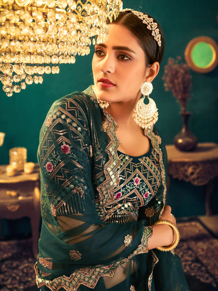 Dark Green Sequins Georgette Net Wedding Wear Lehenga Choli