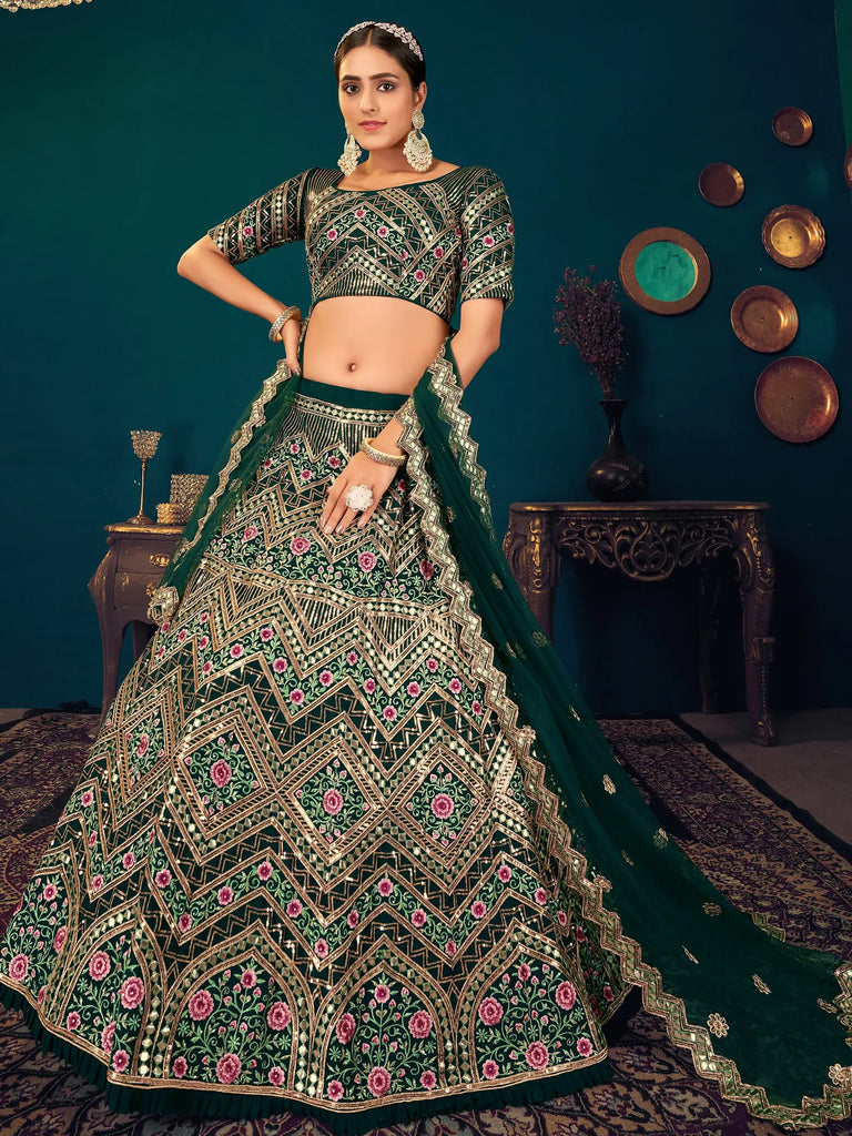 Dark Green Sequins Georgette Net Wedding Wear Lehenga Choli