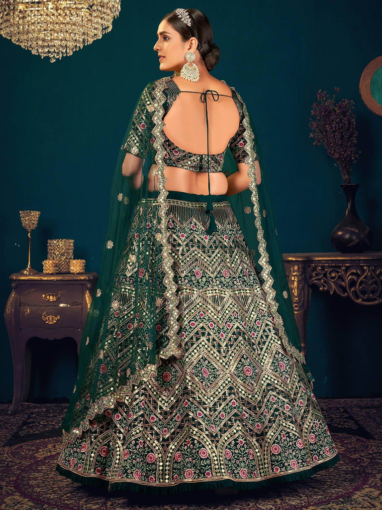 Dark Green Sequins Georgette Net Wedding Wear Lehenga Choli