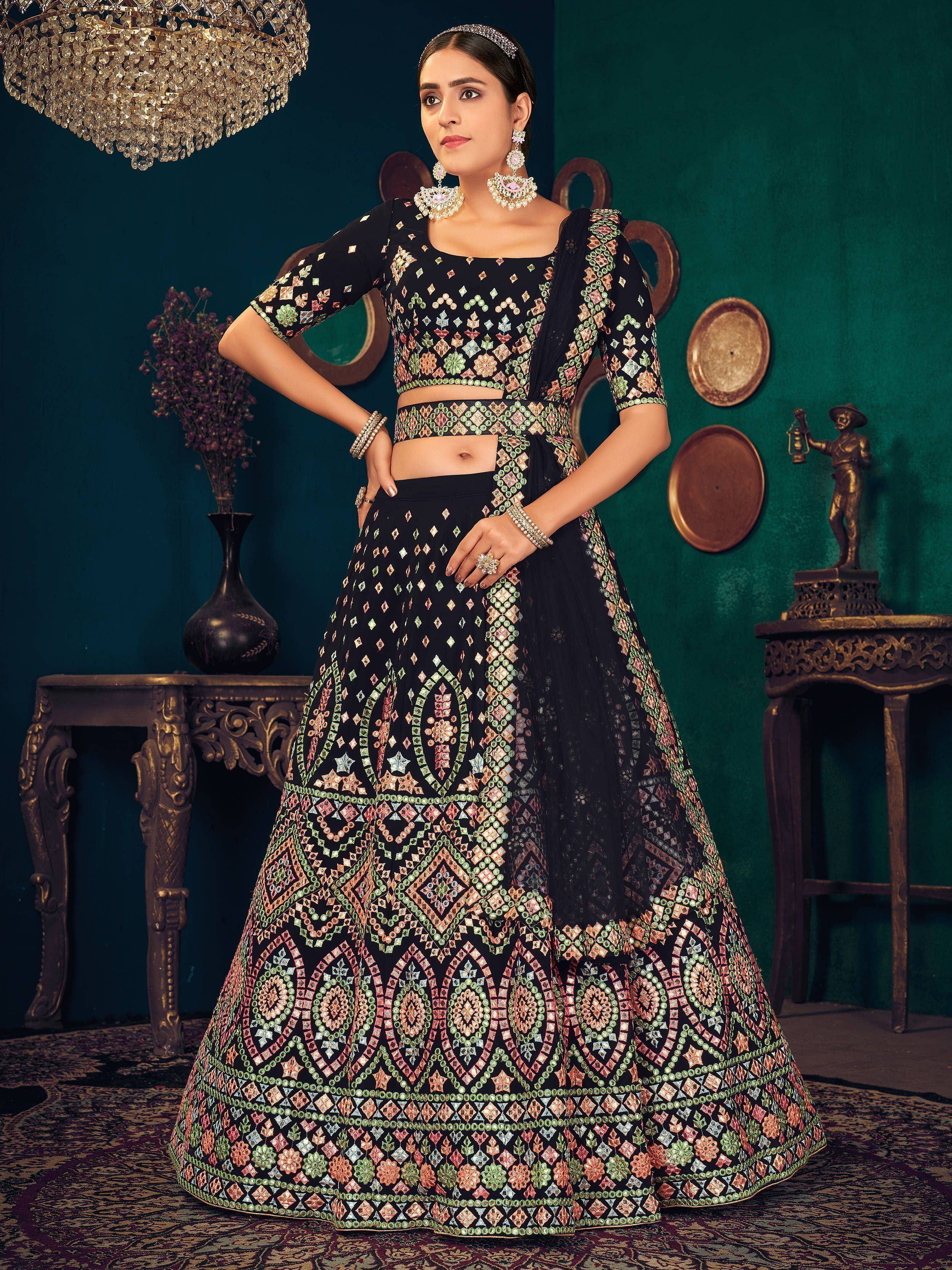 Black embroidered lehenga choli with colorful geometric patterns, perfect for Indian ethnic wear