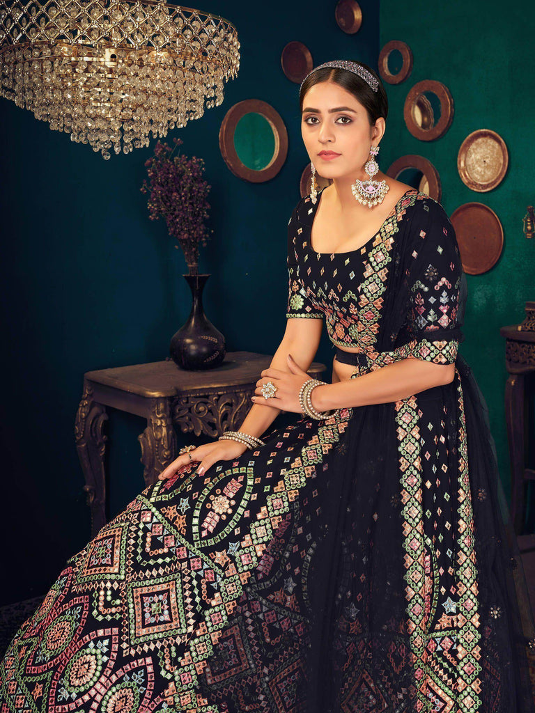 Navy Blue Multi Thread Embroidered Georgette Wedding Lehenga Choli