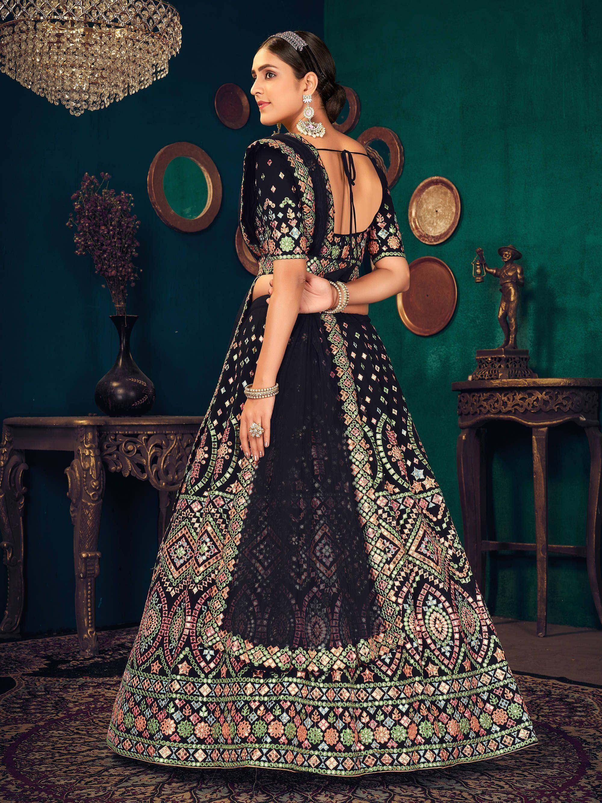 Black embroidered lehenga choli with colorful geometric patterns, perfect for Indian ethnic wear