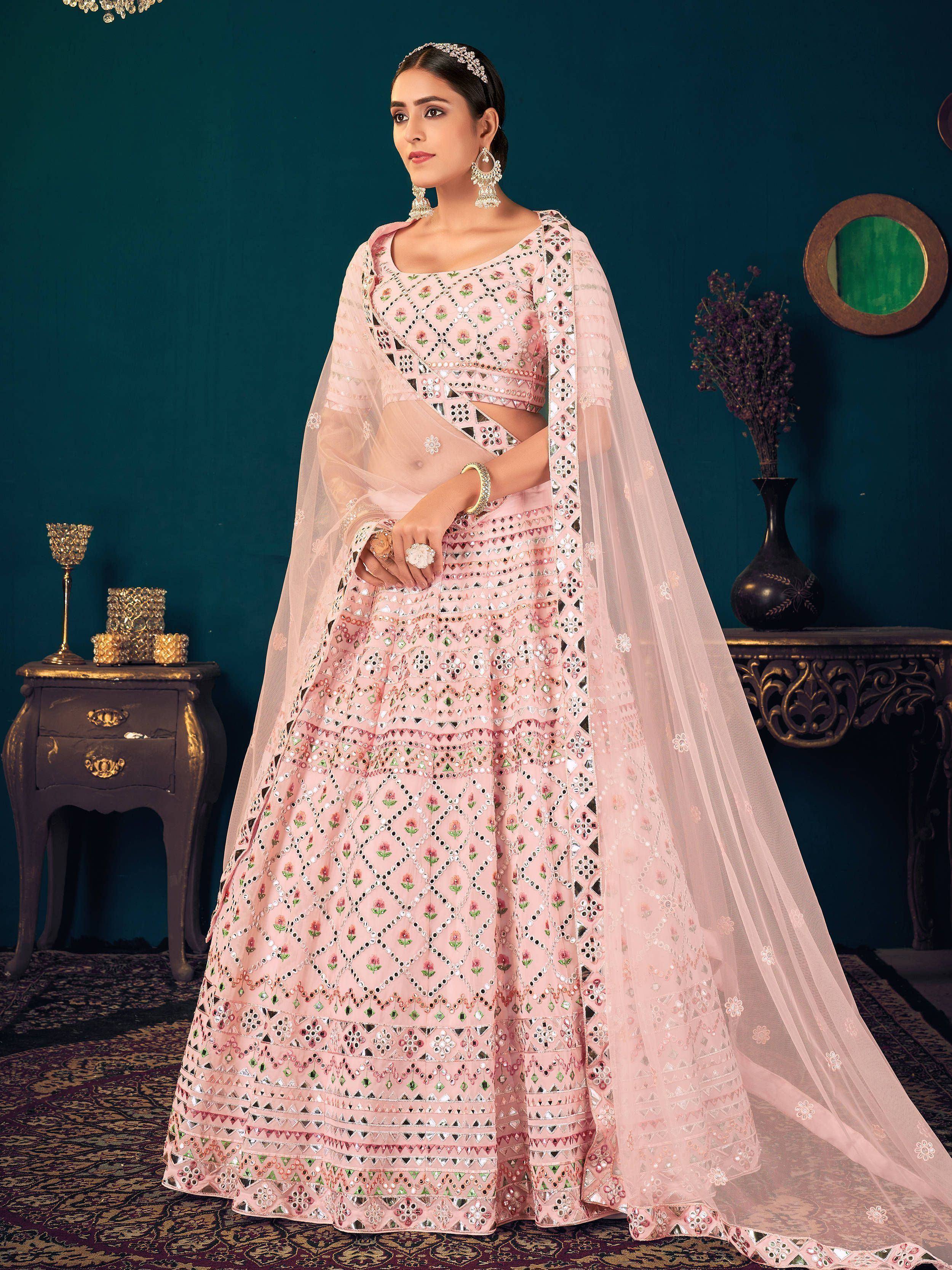 Pink designer lehenga choli with mirror work and floral embroidery, perfect for Indian ethnic wear