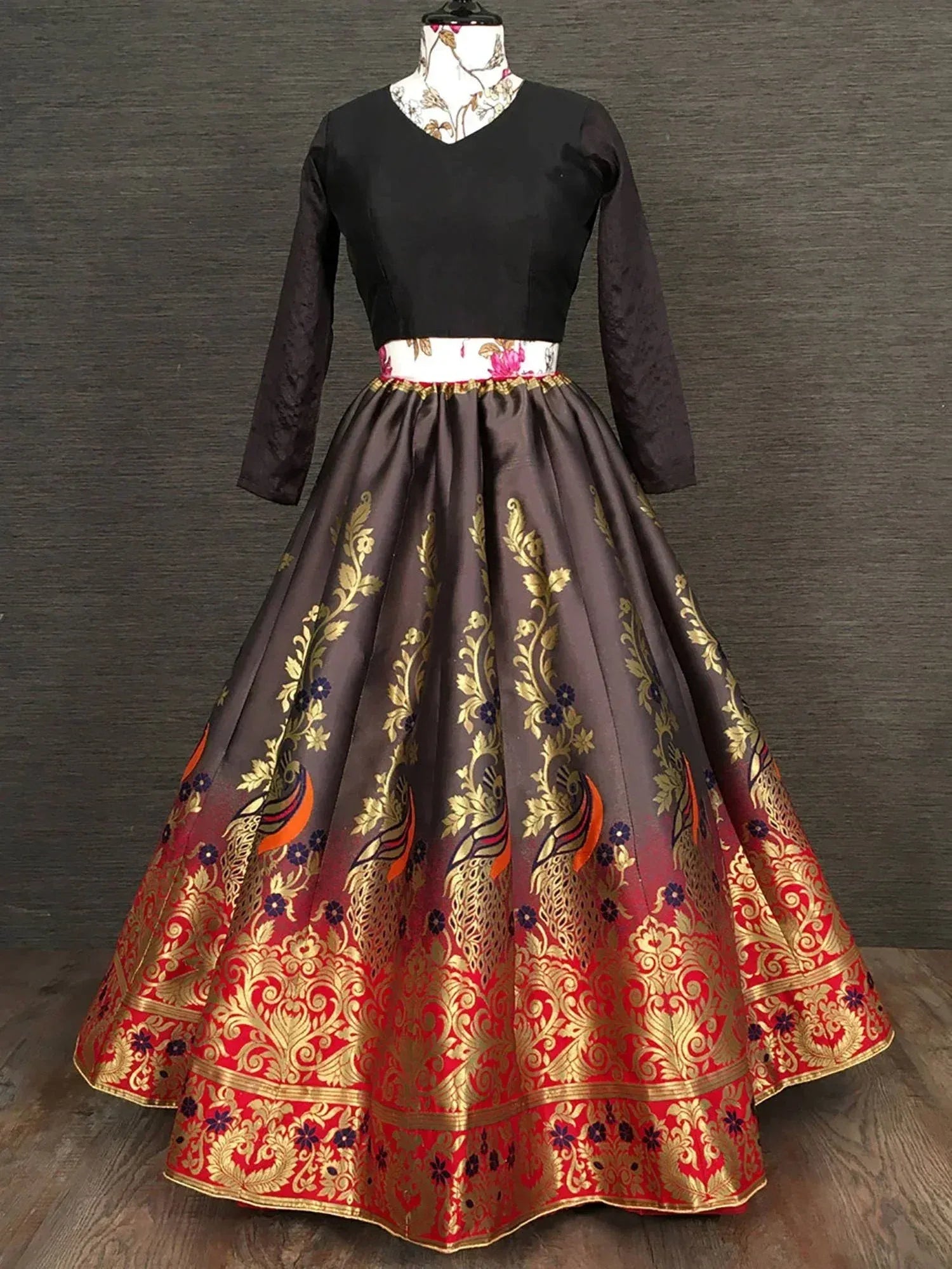 Black top with maroon and red peacock print lehenga skirt, Indian ethnic wear