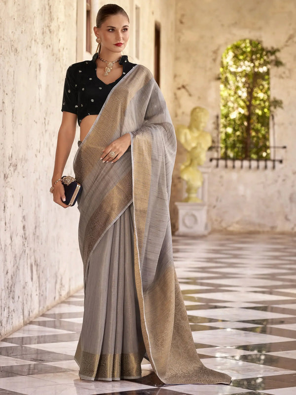 Endearing Grey Zari Weaving Tissue Silk Event Wear Saree With Blouse