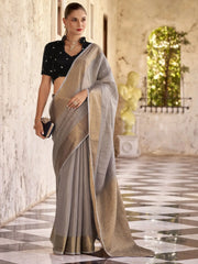 Endearing Grey Zari Weaving Tissue Silk Event Wear Saree With Blouse