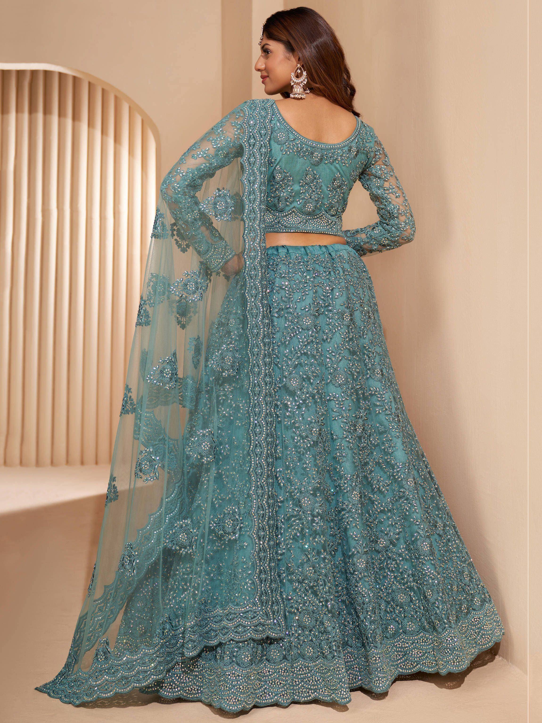 Teal embroidered lehenga choli with sheer dupatta, Indian ethnic wear for weddings and parties