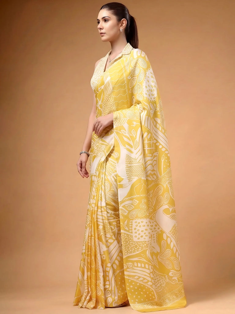Enchanting Yellow Printed Satin Haldi Wear Saree With Blouse