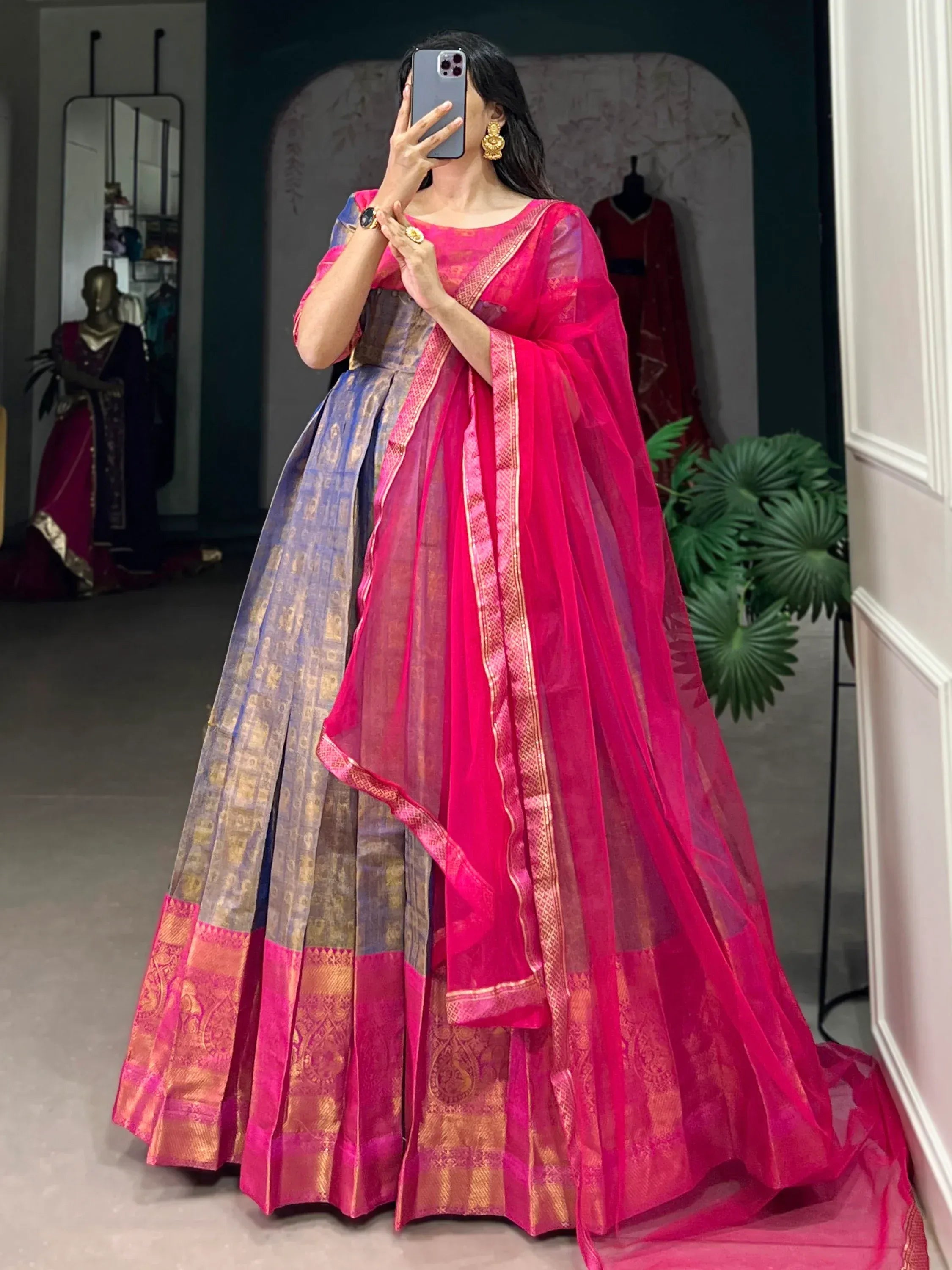 Timeless Blue Zari Weaving Silk Festive Wear Gown With Dupatta