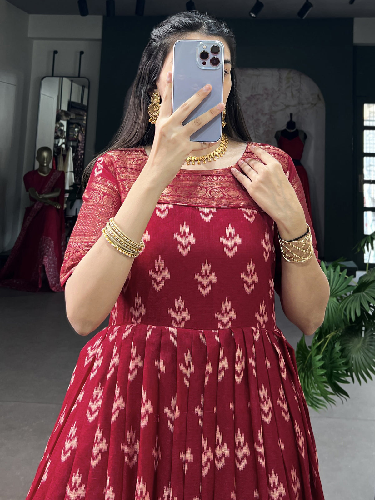 Precious Red Zari Weaving Cotton Wedding Wear Gown