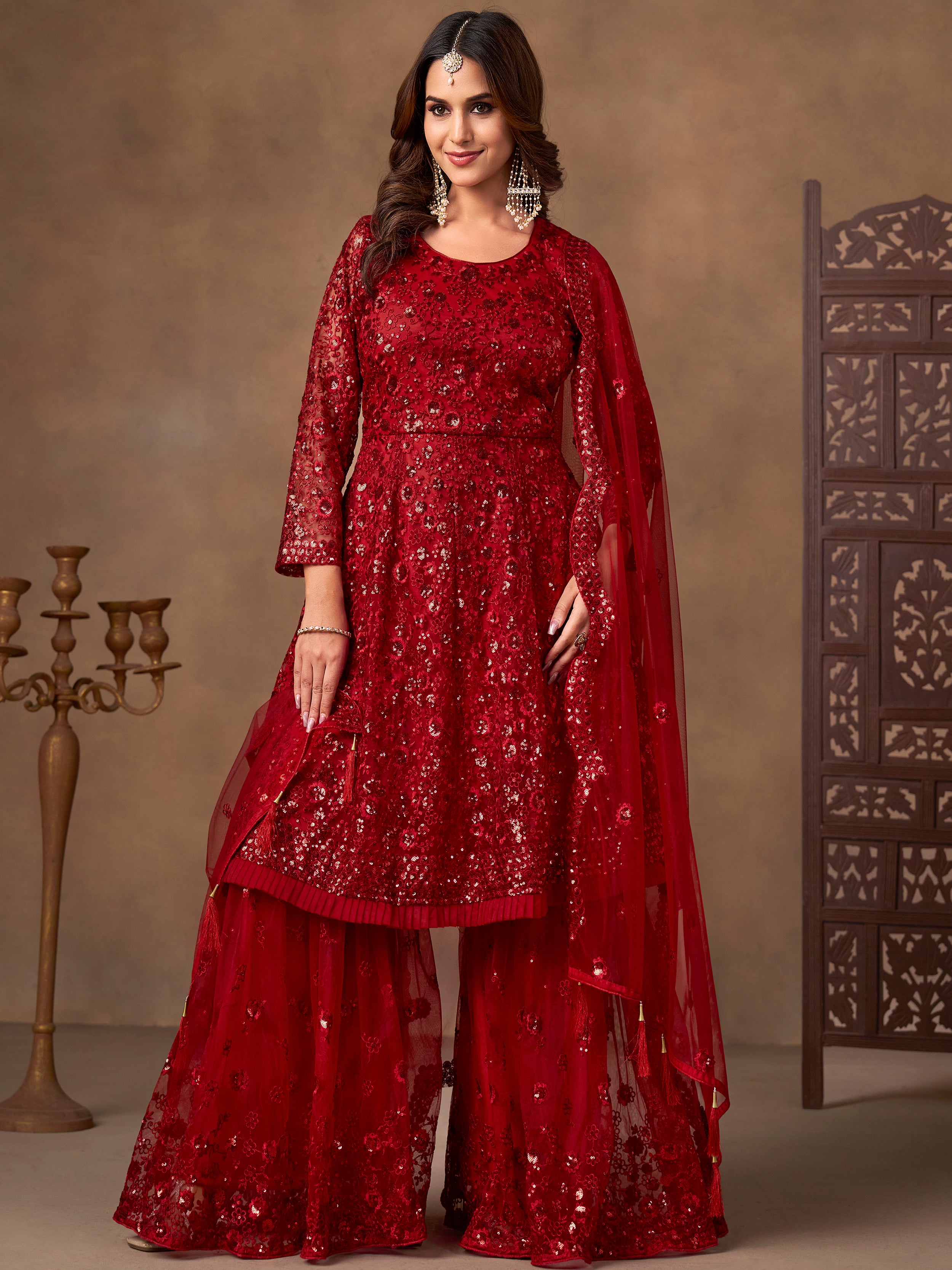 Outstanding Red Embroidered Net Function Wear Sharara Suit