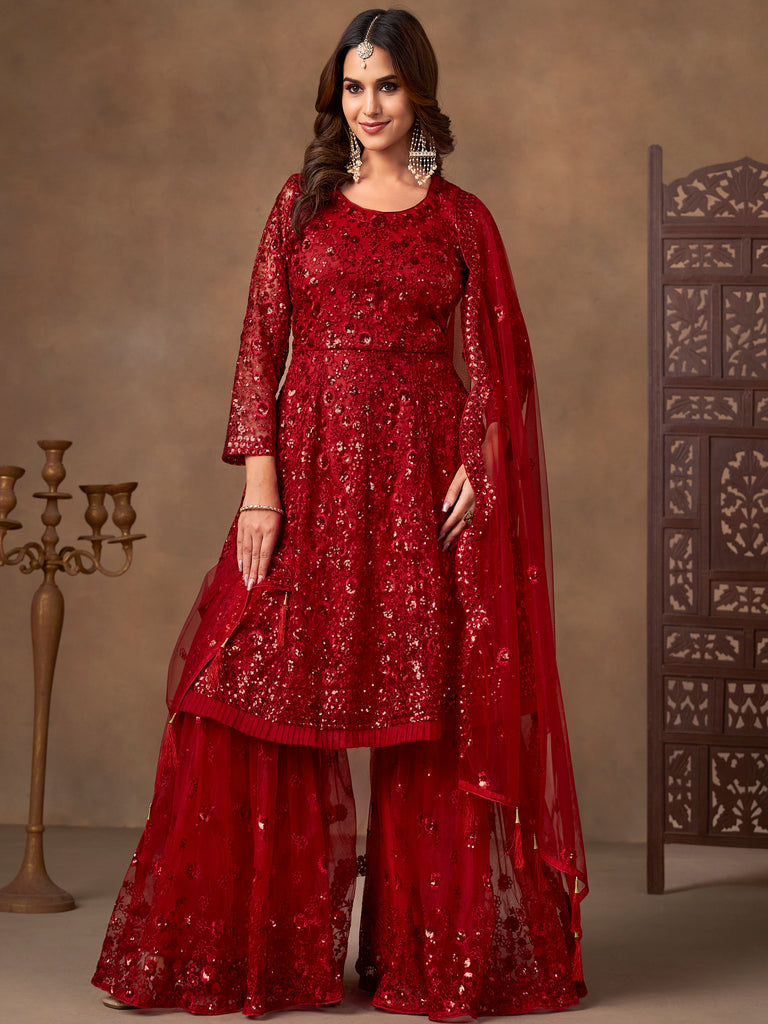 Outstanding Red Embroidered Net Function Wear Sharara Suit