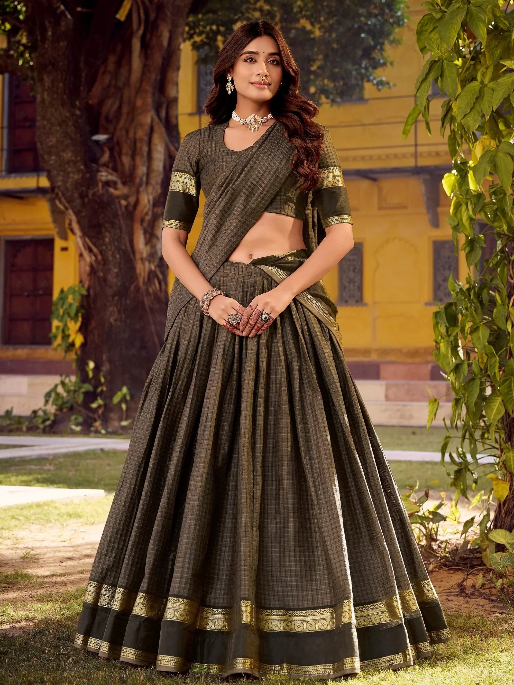 Awesome Grey Zari Weaving Cotton Festive Wear Lehenga Choli