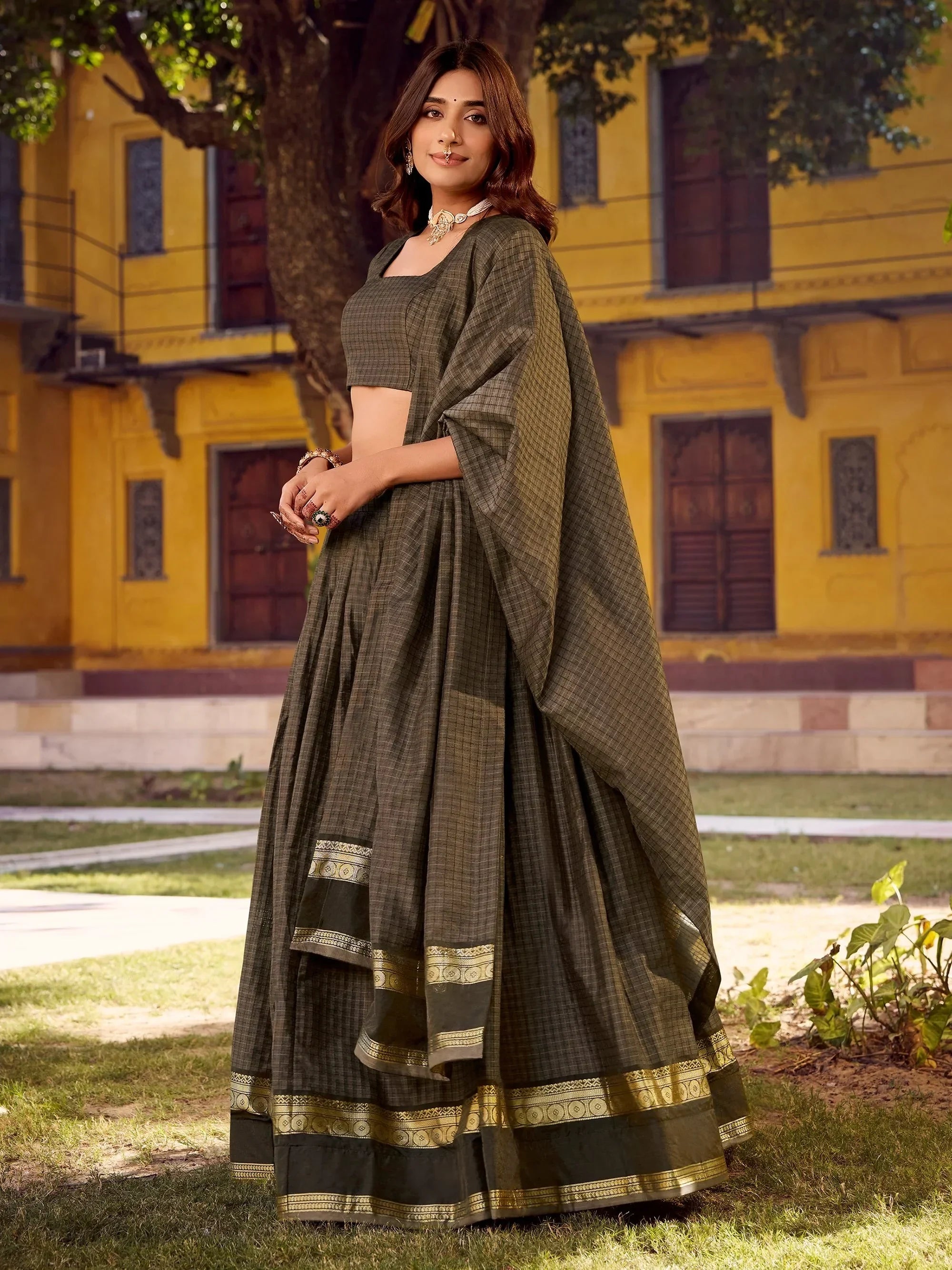 Awesome Grey Zari Weaving Cotton Festive Wear Lehenga Choli