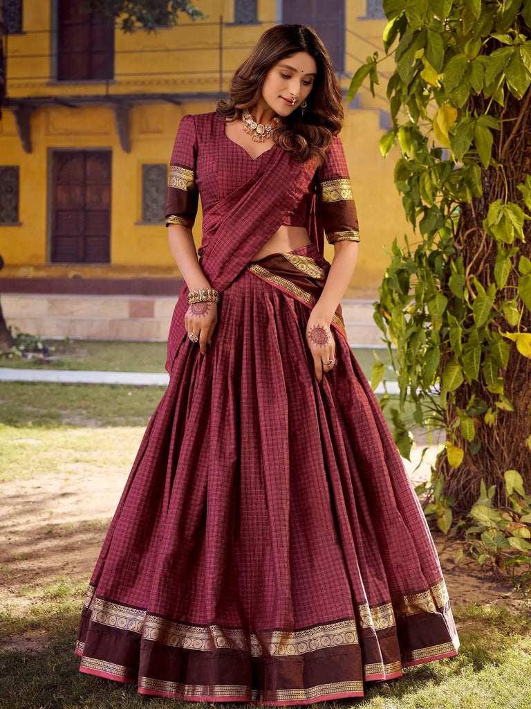 Glamorous Maroon Zari Weaving Cotton Wedding Wear Lehenga Choli