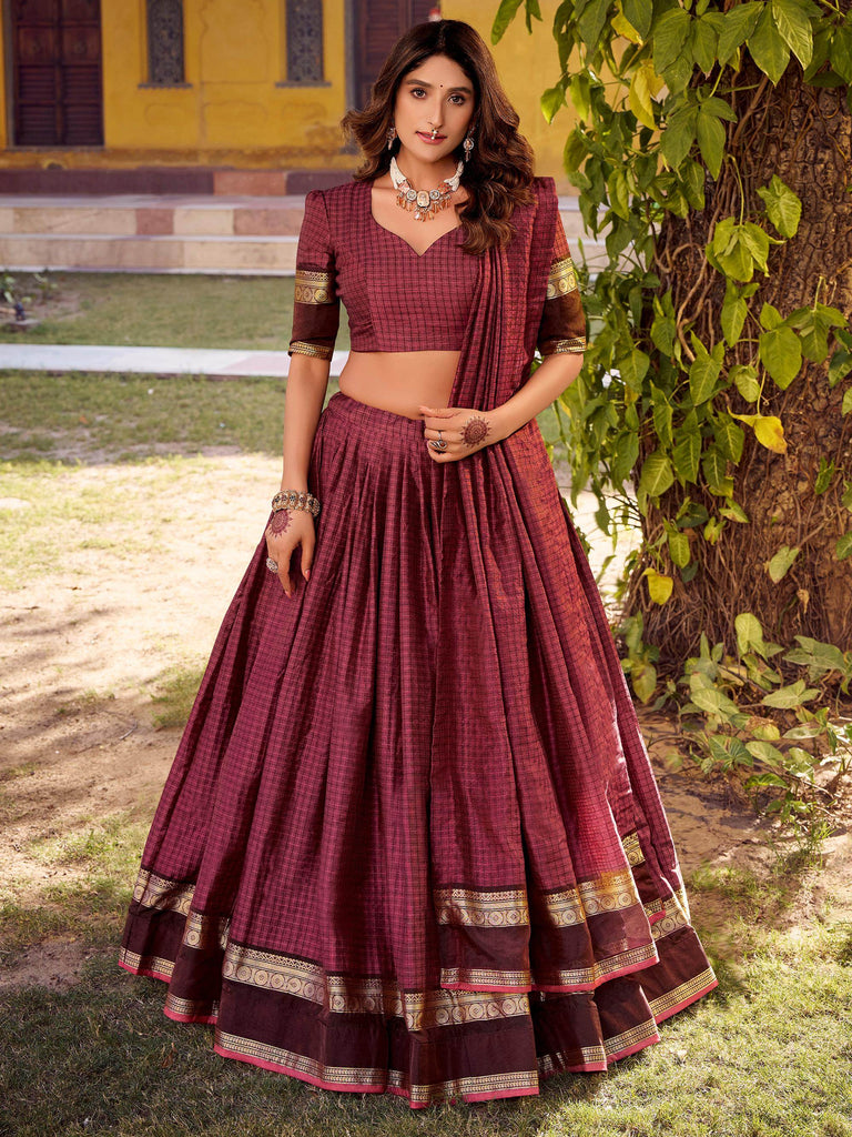 Glamorous Maroon Zari Weaving Cotton Wedding Wear Lehenga Choli
